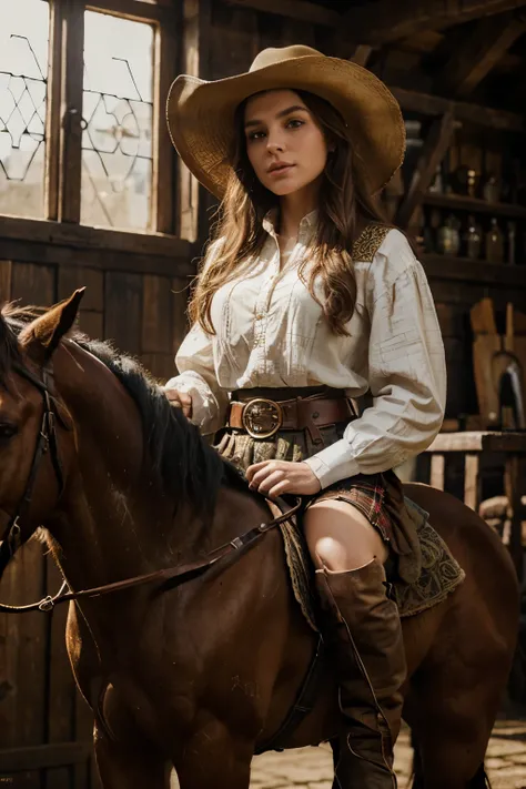 a beautiful irish girl in a cowboy dress riding a horse, medieval era background, intricate details, high quality, photorealistic, cinematic lighting, vibrant colors, fantasy art style, dramatic lighting, detailed facial features, long eyelashes, beautiful...