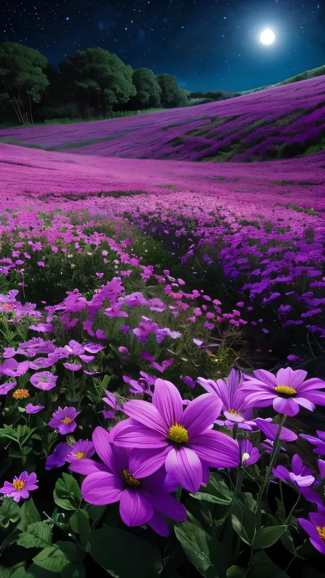 Close-up of the flower field at the bottom, Lots of flowers, Starry sky above, Midnight, full moon, Bluish, Completely dark surroundings, Pitch black, Fantasy feeling