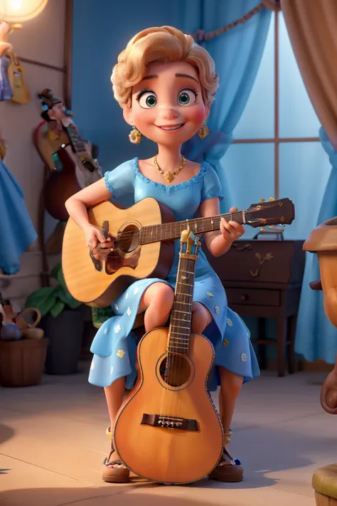 In this scene, A high quality 3D Pixar Disney figure representing the singer Marília Mendonça is in front of you, highlighted in bright light. She is sitting on a flower pot swing, dressed in a light blue gown with gold details, while playing an acoustic g...