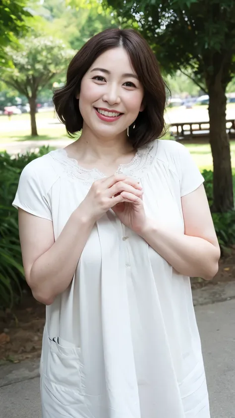 Standing in the park, Wrinkles around the eyes, Smiling with teeth showing, Plain short-sleeved clothing, senior citizen, Draw lips correctly, Red lipstick, No discomfort, 16K, Highest quality, Very detailed, Realistic, Very detailed肌, (Japanese), (alone),...