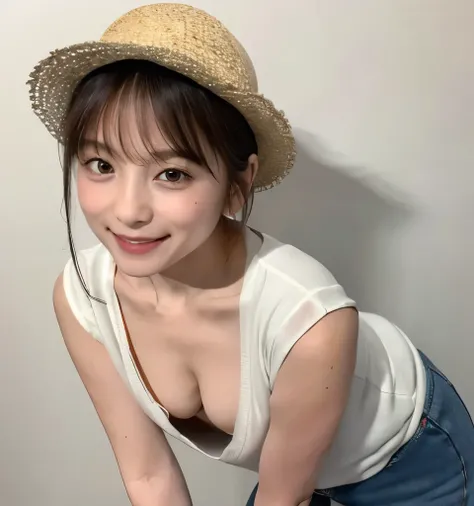 Highest quality、masterpiece、Ultra-high resolution、、Clear photos、(very cute女の子、beautiful girl、very cute!、Baby Face)、Beautiful and delicate skin、smile、Wearing a white tank top、Wearing hot pants、ponytail、(Wear a hat)、thin、(Small breasts:1.6、Flat Chest:1.6)、La...