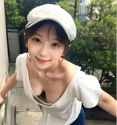 Highest quality、masterpiece、Ultra-high resolution、、Clear photos、(very cute女の子、beautiful girl、very cute!、Baby Face)、Beautiful and delicate skin、smile、Wearing a white tank top、Wearing hot pants、ponytail、(Wear a hat)、thin、(Small breasts:1.6、Flat Chest:1.6)、La...