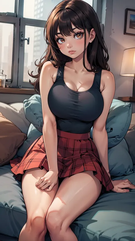 Black tank top, plaid red skirt, black socks, brown hair, brown eyes