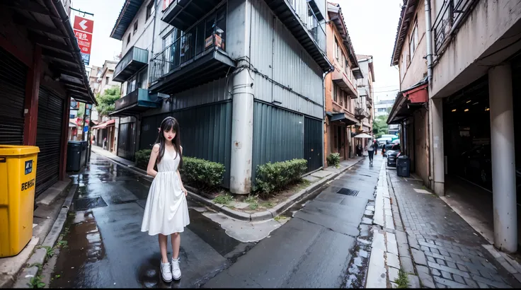 ((masterpiece, Highest quality)),girl, alone, dress, Are standing, Hello, alley, Outdoor, bangs, white dress, Gray Hair, Long Hair, Black footwear, Industrial Pipes, View your viewers, Air conditioning,Dim lighting, garbage, garbage bin, hxh2011 