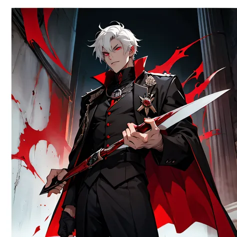 A tall male vampire being killed, extremely crazy, Short White Hair, Eyes red, black clothing, holding grimoire 