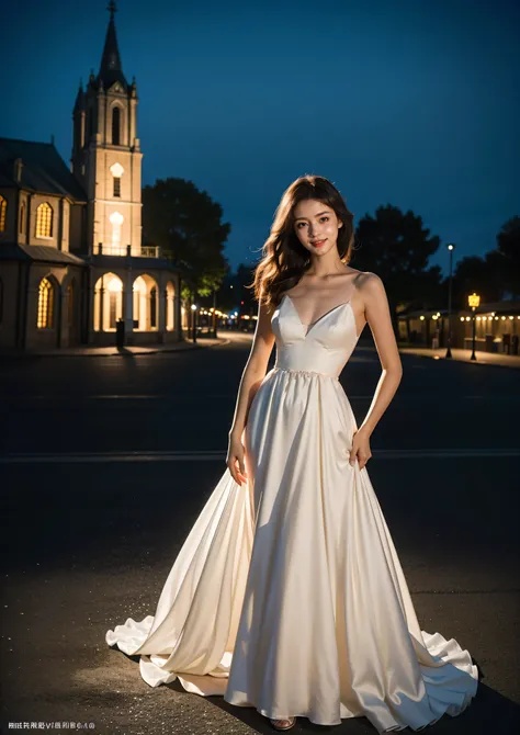 Beautiful 25 year old  skinny woman。She is wearing a wedding dress. She is smiling on illuminated by the evening church lights on the romantic sunset time.  her dark brown hair. High resolution、masterpiece、highest quality、頭w:1.0、((Hasselblad Photos))、fine ...