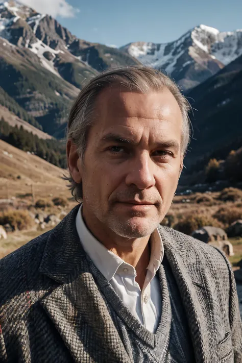 Portrait of a white man in his sixties. Grey hair in a crew cut. Slightly balding. Tweed jacket. Serious expression on his face. Mountains in the background.