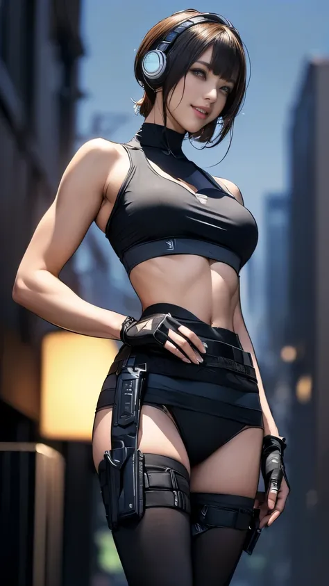 (One Womon),(((Womon standing side by side:1.5))),((Black tactical tights:1.5)),((Black headphones:1.5)),((Black Tactical Holster:1.5)),(Black Gloves:1.5),((Wearing the same:1.5)),(Smile:1.5),(beautiful eyes:1.3),(Very detailedな顔:1.5),((Very detailed drawi...