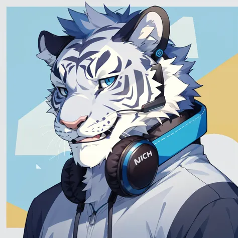 male, Furry tiger, Lovely, rich, Head only, rich, Solitary, Blue-grey fur,，Headphones hanging around neck，Casual Wear，Smile，Zoom in on facial details