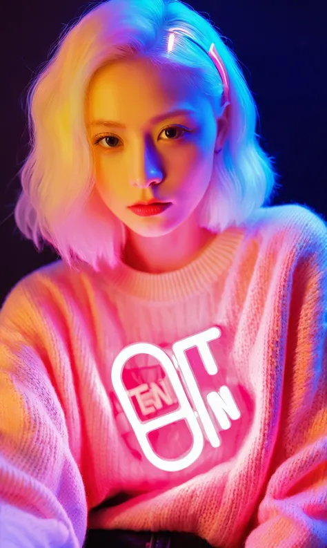 ((Selfie)) photo , ((upper body Selfie)), Analog style (View Viewer:1.2) ,close up,Pouting,Movie, xxmixgirl, A young albino woman holding a neon sign，It says "TensorArt" realism, Movie outfit photo, Movie pastel lighting, 80s neon stills, Knitted sweaters