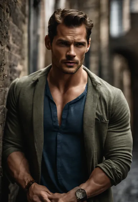 David Gandy/Henry Cavill lookalike, and Kellan Lutz/Paul walker lookalike, standing in a dark alley in London, kissing each other