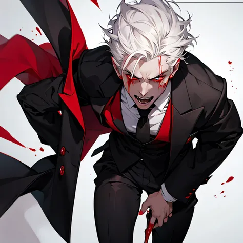 A tall man vampire going crazy covered in blood, Short White Hair, Eyes red, all black clothes,