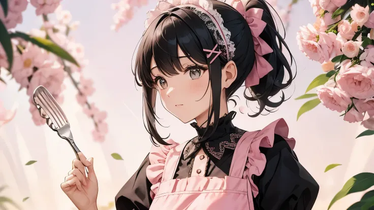 A beautiful woman wearing a pink apron dress with lots of frills and lace　Black hair ponytail with hair ornament　Upper Body