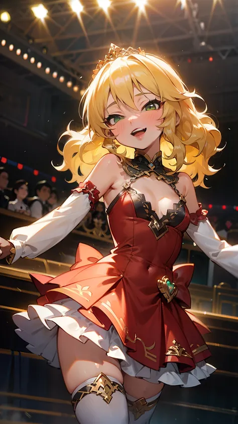 masterpiece,best quality, ultra-detailed,1girl(sakurai momoka, lovely small breasts,  glow skin, wavy hair, long hair, blonde hair, tiara,green eyes, ),a face in love, smile, open mouth, glow lips, head tilt, solo, red lace dress, ornate dress, frill, clea...