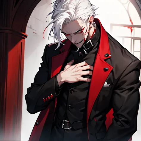 A tall man vampire going crazy covered in blood, Short White Hair, Eyes red, all black clothes.