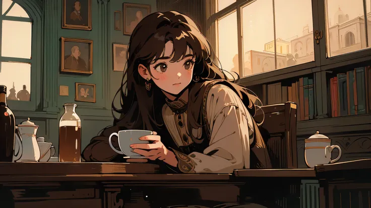 Highest quality, 4K wallpaper, masterpiece, Very detailed CG Unity 8k wallpaper, Very fine grain, Very detailed, Intricate details, Brown Hair Girl, A cup of coffee, Many books, Pleasant atmosphere, retro, city, Window in the night view