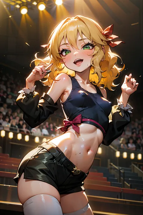 masterpiece,best quality, very detailed,1 woman(Sakurai Momoka, Beloved , Glow Skin, wavy hair, long hair, blonde hair,  Hair Ribbon(Black color),green eyes, ), laugh, dehisce, glow lips, head tilt, alone, Black color jacket, white tank_top,covered nipples...