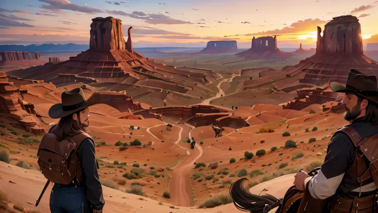 movie, western cow boys, , monument valley, vast ranch, sunset,, herd of cows, duel in the wilderness