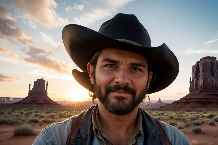 movie, western cow boy, upper body close-up, monument valley, vast ranch, sunset,, herd of cows, duel in the wilderness