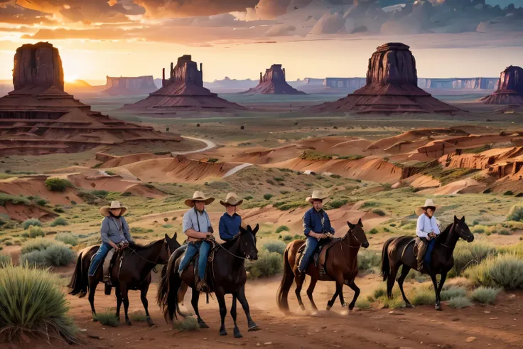 movie, western cow boy, Upper body close-up, Monument Valley, vast ranch, Sunset,, Herd of cows, Duel in the Wilderness