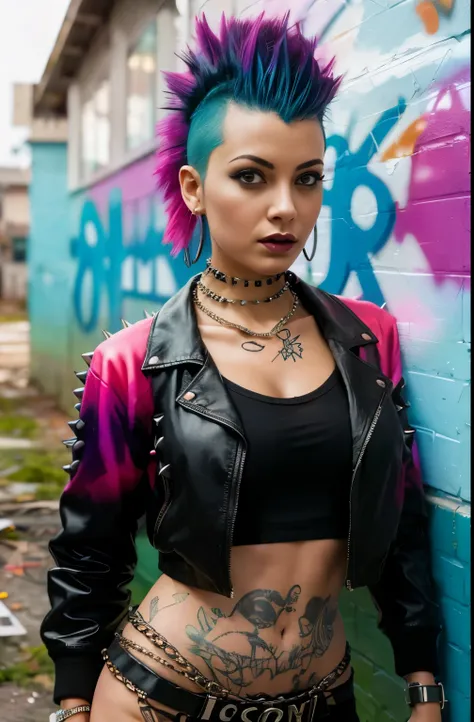 (Artwork, best quality:1.2), 1 girl ,intrincately detailed, "Punk Girl", in dynamic pose, ((spiky mohawk hair, gradient punk hair, wearing a black jacket, chains, Rocket style, tatuados , hot body, abdomen)) . Shallow depth of field, vignette, highy detail...