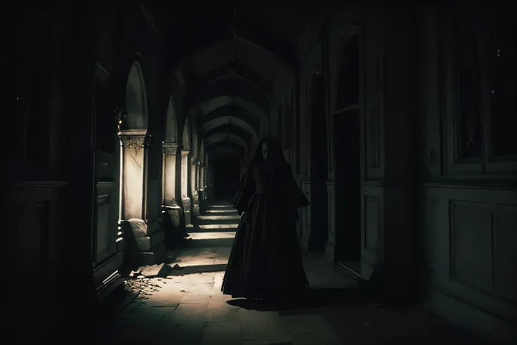 eerie gothic corridor, stone gargoyles, woman in victorian dress, ominous lighting, dark and mysterious, horror atmosphere, high contrast, retro film grain effect, dramatic shadows, suspenseful mood, fantasy horror scene
, scare, spooky atmosphere, movie h...