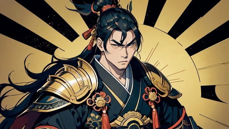 Tokugawa Ieyasu、The whole body is shown、Wearing intricately designed traditional samurai armor、Famous people in Japanese history、They tied their topknots、He has a stern look、Has an intimidating presence。The background is a traditional Japanese castle