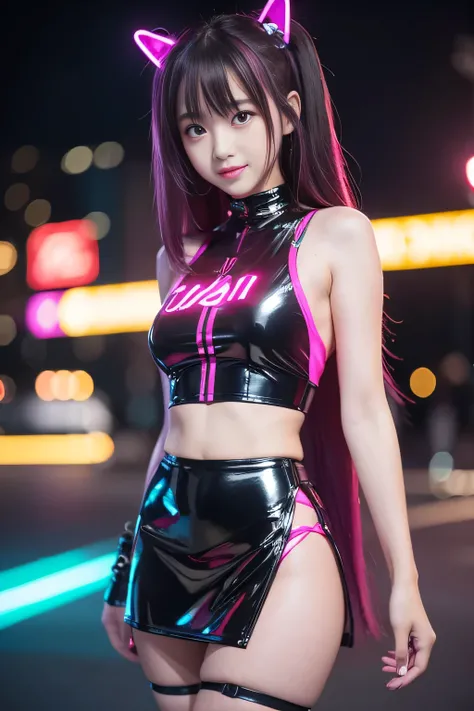 Browsing Caution、Female Idols、smile、Ezvian Everywhere、、Shiny latex mini skirt（Neon Fuchsia)、(multi-colored long hair)、Thin thighs、Conceptual Art, high quality, Realistic, Very detailed CG synthesis 8k wallpaper, Very detailed, High resolution raw color pho...