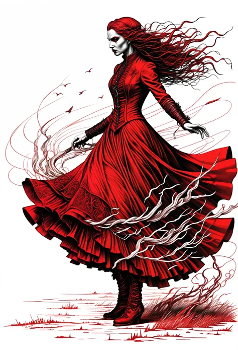 The wind is such that it knocks you off your feet... Sketch, red color, romanticism, gothic, red line drawing, precise drawing, hyper-detailed highly detailed extremely detailed high detail ultra detailed