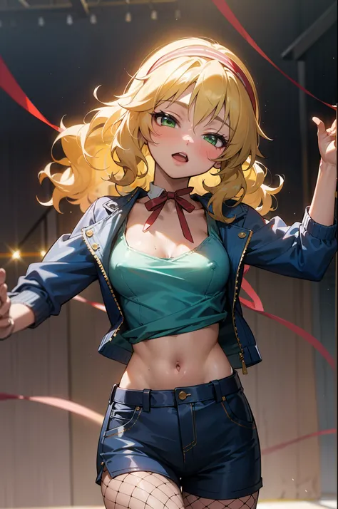 masterpiece,best quality, ultra-detailed,1girl(sakurai momoka, lovely small breasts, glow skin, wavy hair, long hair, blonde hair, headband(red ribbon),green eyes),a , open mouth, glow lips, head tilt, solo, blue jacket, white tank_top, cleavage,covered ni...