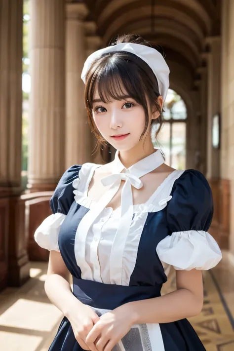 Detailed image of a young female character standing in a grand hall lined with marble columns。She has short, wavy blue hair、Has side fringe、Adorned with a white frilly headband and blue ribbon。Big blue eyes are kind、He has a slightly sad expression、There i...