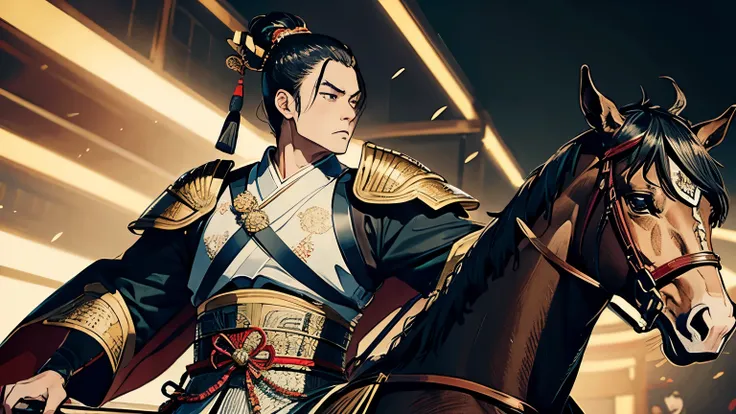 Tokugawa Ieyasu、Riding a horse、Wearing intricately designed traditional samurai armor、Famous people in Japanese history、They tied their topknots、He has a stern look、Has an intimidating presence