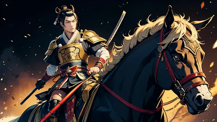 Tokugawa Ieyasu、Riding a horse、Wearing intricately designed traditional samurai armor、Famous people in Japanese history、They tied their topknots、He has a stern look、Has an intimidating presence