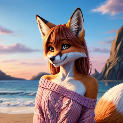 ((best quality)), ((masterpiece)), (detailed), 1girl, off-shoulder sweater, female, first color pink fur, fluffy, fox, portraitfox, looks out from the background, background is a big heart