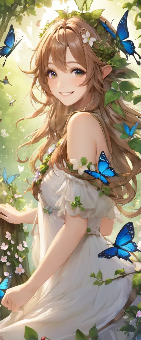 a girl, dryad, wood hair, butterfly、petal、smile