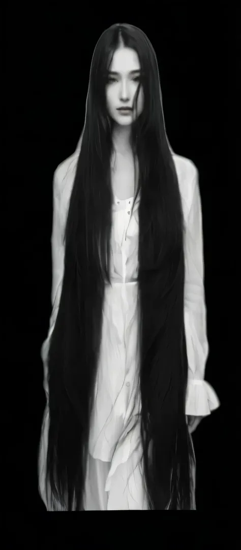 a close up of a woman with long hair wearing a white dress, very long black hair, long black hair, long thin black hair, with long black hair, dark long hair, black long hair, long flowing black hair, endless black hair, black long hair!, long raven hair, ...