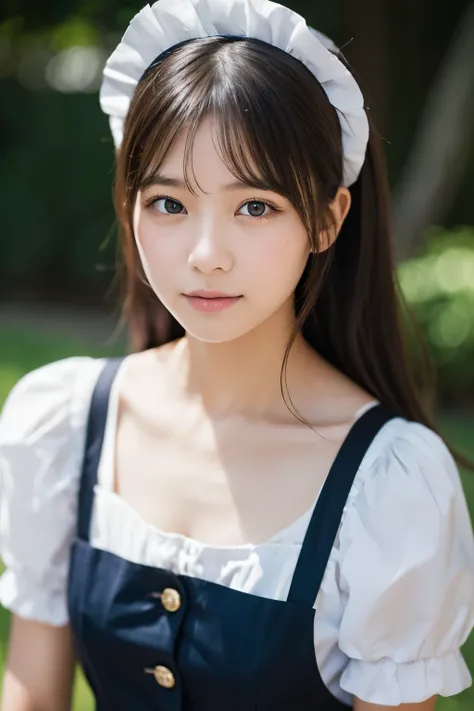 High-resolution portrait photography、A young woman wearing a maid&#39;s uniform is placed in the center.、In the background there is a rustic wooden wall。The woman has a soft and innocent expression.、Looking directly into the camera。She is wearing a black a...