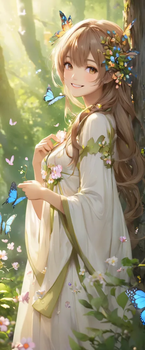 a girl, dryad, wood hair, butterfly、petal、smile