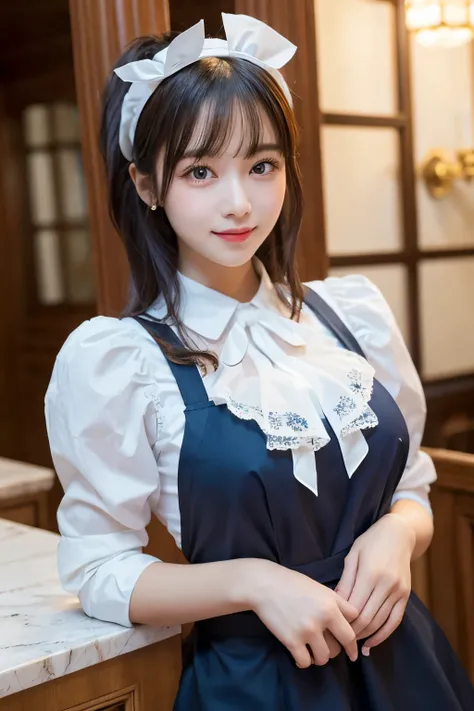 Detailed image of a young female character standing in a grand hall lined with marble columns。She has short, wavy blue hair、Has side fringe、Adorned with a white frilly headband and blue ribbon。Big blue eyes are kind、He has a slightly sad expression、There i...