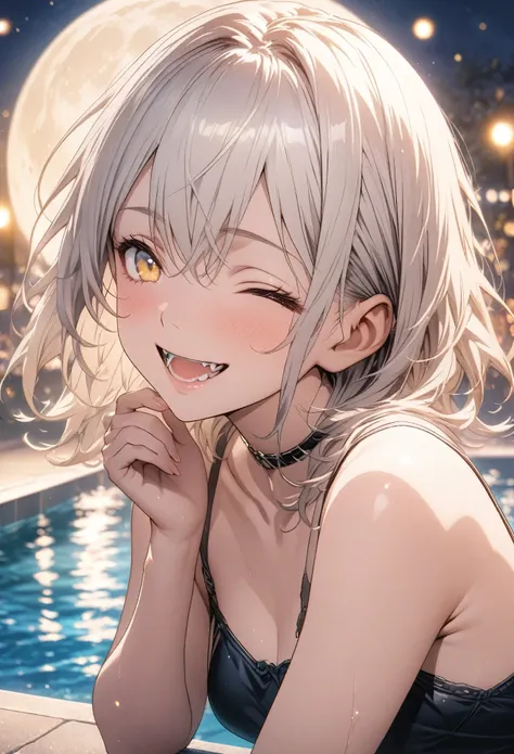 masterpiece, Highest quality, Highly detailed CG Unity 8k wallpaper, Realistic skin texture, Anatomical Hand, High School Girl Anime Illustration. Wear a black swimsuit、jaw pieceのポーズをしている、she has her eyes closed and mouth open, smile. The background is a l...