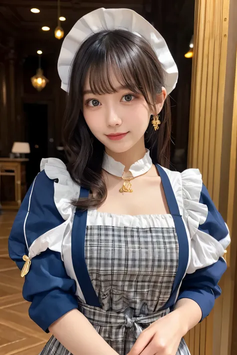 Detailed image of a young female character standing in a grand hall lined with marble columns。She has short, wavy blue hair、Has side fringe、Adorned with a white frilly headband and blue ribbon。Big blue eyes are kind、He has a slightly sad expression、There i...