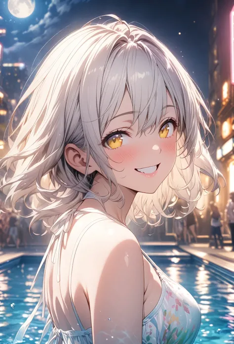 masterpiece, Highest quality, Highly detailed CG Unity 8k wallpaper, Realistic skin texture, Anatomical Hand, High School Girl Anime Illustration. Wear a white swimsuit、peace fingersのポーズをしている、she has her eyes closed and mouth open, smile. The background is...