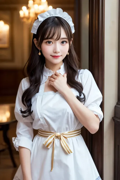 Detailed image of a young female character standing in a grand hall lined with marble columns。She has short, wavy blue hair、Has side fringe、Adorned with a white frilly headband and blue ribbon。Big blue eyes are kind、He has a slightly sad expression、There i...