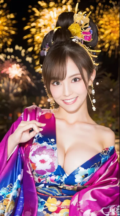 ((masterpiece(:1.4)，Highest quality，Ultra-high resolution，Highest quality，8k，Extremely detailed，In detail))。night，Fireworks display，Japanese，A beautiful woman，Big Breasts，Flashy gal makeup，Oiran，Long-sleeved kimono，Hair tying，hair ornaments，smoke tube，geta...