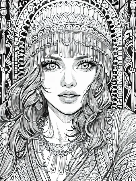 (Black and white coloring book:1.5), line drawings, masterpiece, best quality, ultra-detailed, high resolution, Very detailed face, (Eyes clear and distinct lines), Hair is white colored, Full body shot, Woman in bold flapper dress decorated with fringe an...