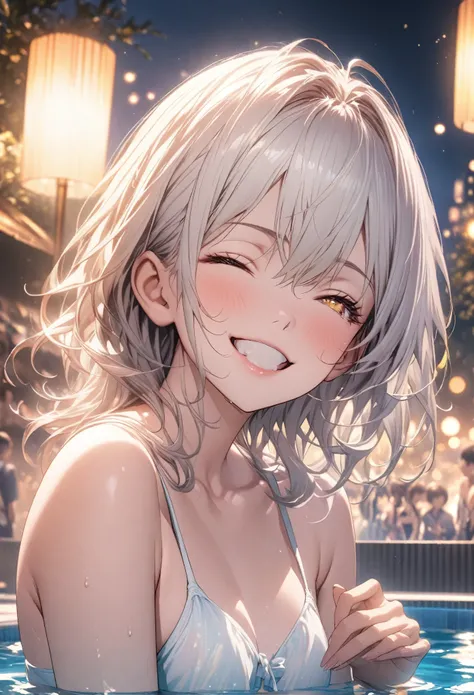 masterpiece, Highest quality, Highly detailed CG Unity 8k wallpaper, Realistic skin texture, Realistic texture, Anatomical Hand, High School Girl Anime Illustration. Wear a white swimsuit、peace fingersポーズをしている、she has her eyes closed and mouth open, smile....