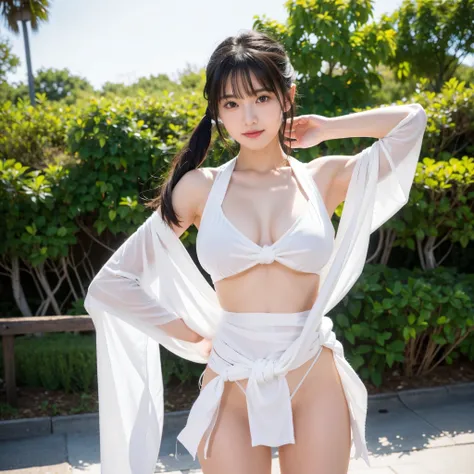 日本people、１people、The most beautiful woman、smile、Shyness、clear、Shiny black hair、((Standing with legs wide open))、Photo Style、length, bangs、Pigtails、light makeup、Standard face、(((Wearing a white Etchu loincloth)))、((Light clothing:0.5))、(She is hiding her br...