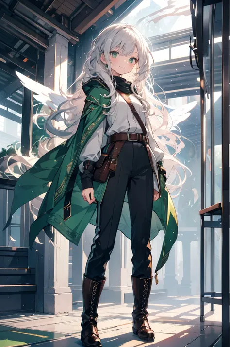 One Girl, (masterpiece), Highest quality, Silver Hair, Semi-long hair, Green Eyes, smile, (he is short), (Young), Simple adventurer outfit, Tunic and pants in black, white, brown and green tones, belt, Leather boots, Fantasy, White Wings, High resolution