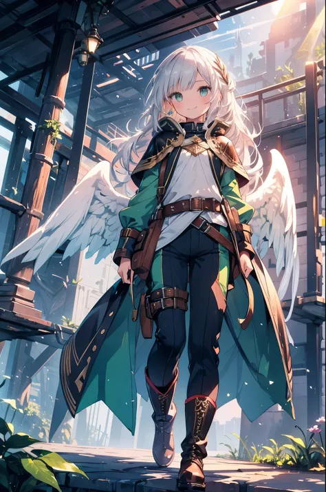 One Girl, (masterpiece), Highest quality, Silver Hair, Semi-long hair, Green Eyes, smile, (he is short), (Young), Simple adventurer outfit, Tunic and pants, belt, Leather boots, Fantasy, White Wings, High resolution