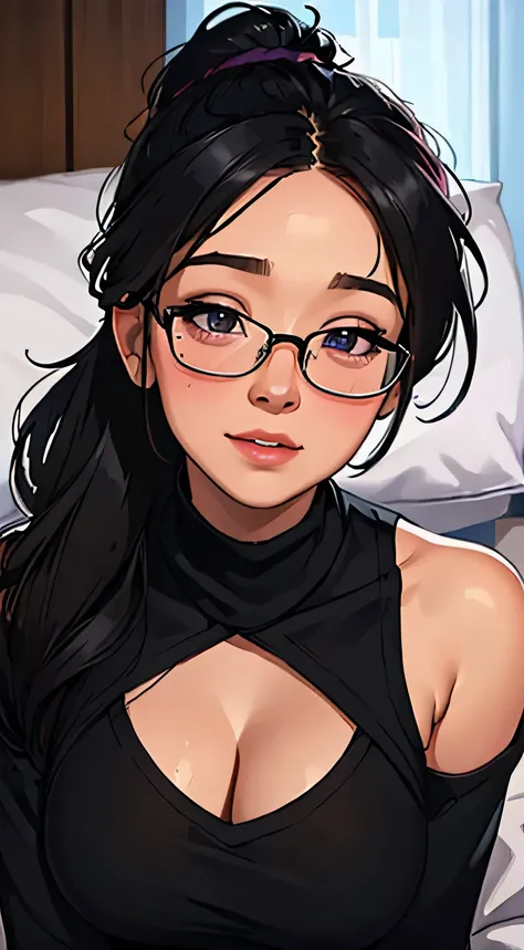 (best quality,4k,8k,highres,masterpiece:1.2),ultra-detailed,(realistic,photorealistic,photo-realistic:1.37),portraits,sexy,cute,beautiful face,intense gaze,smiling blush,black hair,ponytail,glasses,purple knitted off shoulder sweater,bare shoulders,black p...